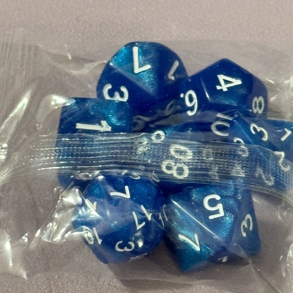 Blue Pearlized Swirl Acrylic 7 Piece Dice Set With White Inking - Picture 2 of 3